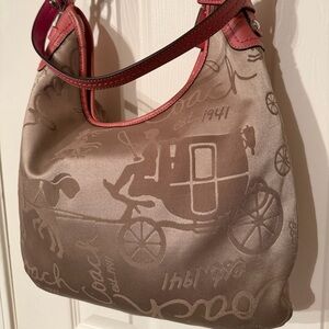 Coach Taupe Signature Jacquard Shoulder Bag with Pink Trim